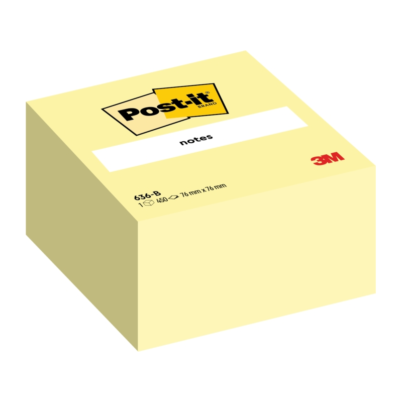 Cube Post-It de 450 notes autocollantes repositionnables - Forme carrée - 76 x 76 mm - Jaune clair