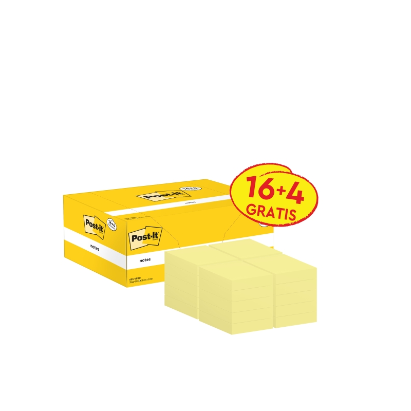 Post-It Pack de 20 blocs de 100 notes autocollantes repositionnables - Forme rectangulaire - 38 x 51 mm - Jaune clair