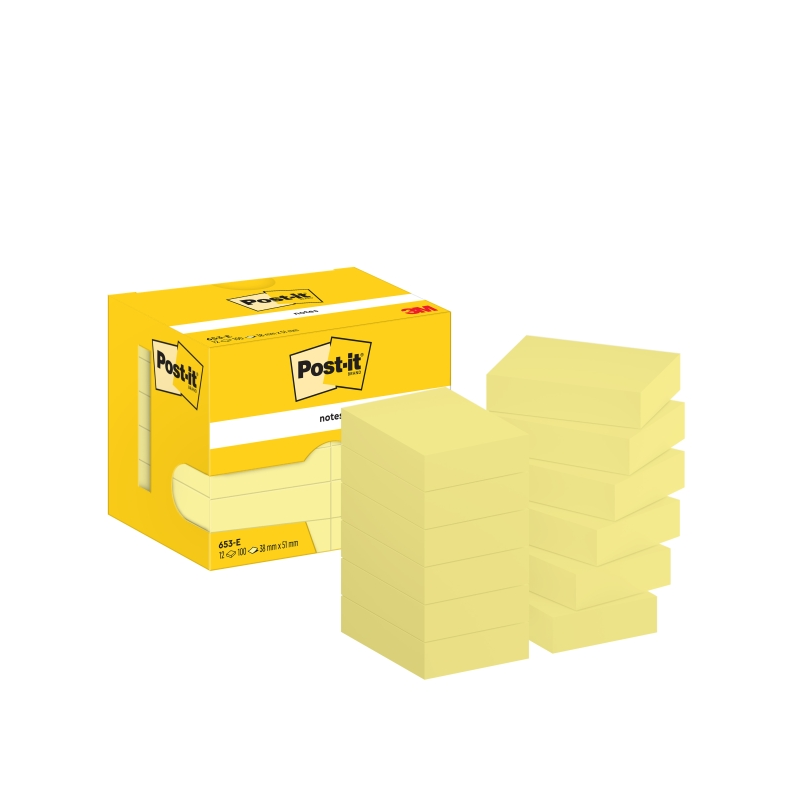 Post-It Pack de 12 blocs de 100 notes autocollantes repositionnables - Forme rectangulaire - 38 x 51 mm - Jaune clair