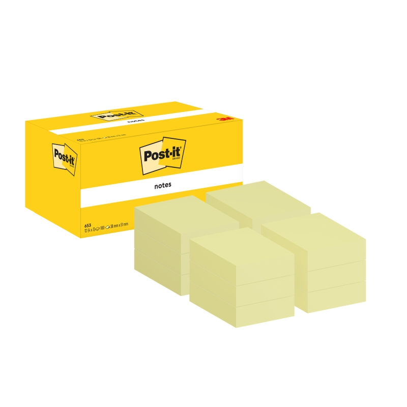 Post-It Pack de 12 blocs de 100 notes autocollantes repositionnables - Forme rectangulaire - 38 x 51 mm - Jaune clair