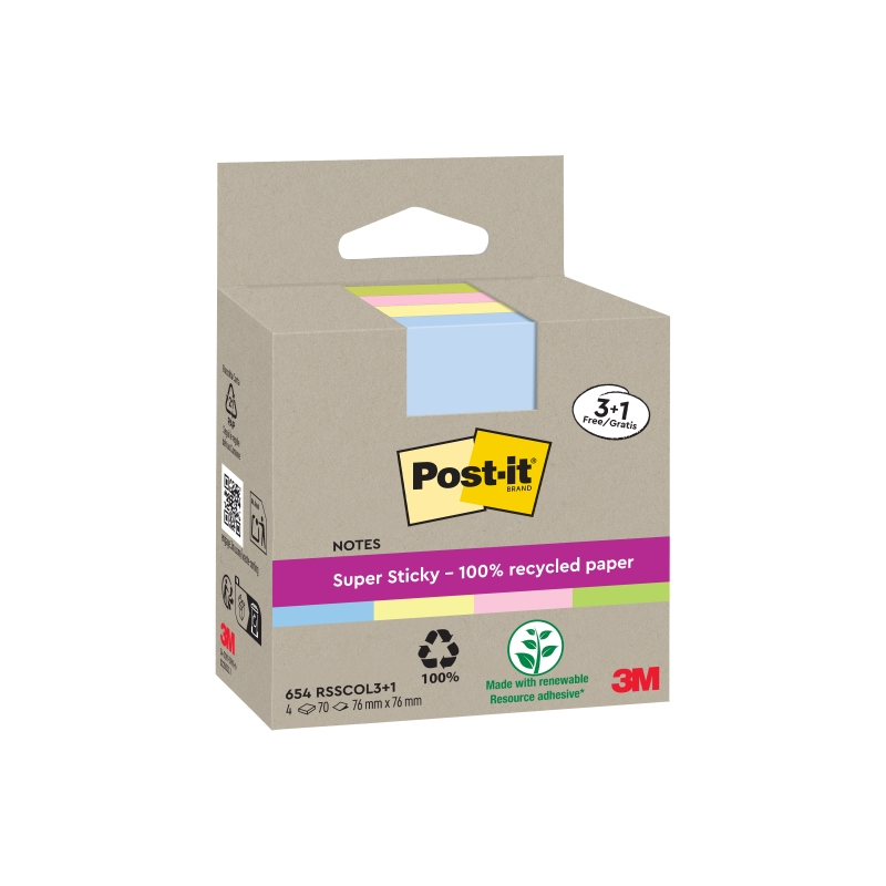 Post-It Super Sticky Pack de 4 blocs de 70 notes autocollantes recyclées - Forme carrée - 76 x 76 mm - Couleurs assorties