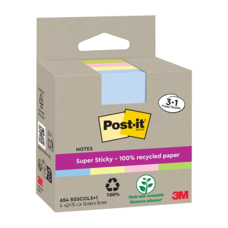 Post-It Super Sticky Pack de 4 blocs de 70 notes autocollantes recyclées - Forme carrée - 76 x 76 mm - Couleurs assorties