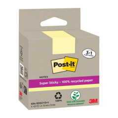 Post-It Super Sticky Pack de 4 blocs de 70 notes autocollantes recyclées - Forme carrée - 76 x 76 mm - Jaune clair
