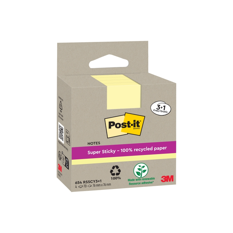 Post-It Super Sticky Pack de 4 blocs de 70 notes autocollantes recyclées - Forme carrée - 76 x 76 mm - Jaune clair