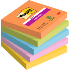 Post-It Super Sticky Pack de 5 blocs de 90 notes autocollantes repositionnables - Forme carrée - 76 x 76 mm - Couleurs assorties