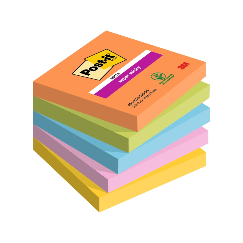 Post-It Super Sticky Pack de 5 blocs de 90 notes autocollantes repositionnables - Forme carrée - 76 x 76 mm - Couleurs assorties