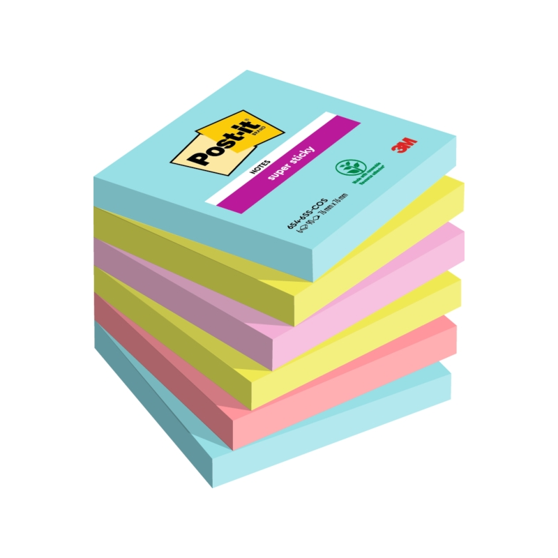 Post-It Super Sticky Pack de 6 blocs de 90 notes autocollantes repositionnables - Forme carrée - 76 x 76 mm - Couleurs assorties