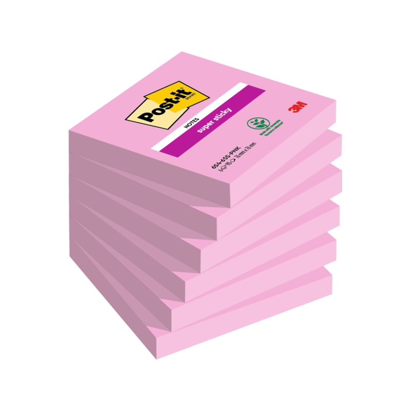 Post-It Super Sticky Pack de 6 blocs de 90 notes autocollantes repositionnables - 76 x 76 mm - 100 % PEFC - Rose