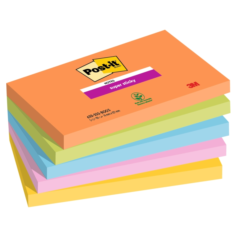 Post-It Super Sticky Pack de 5 blocs de 90 notes autocollantes repositionnables - Forme rectangulaire - 127 x 76 mm - Couleurs a