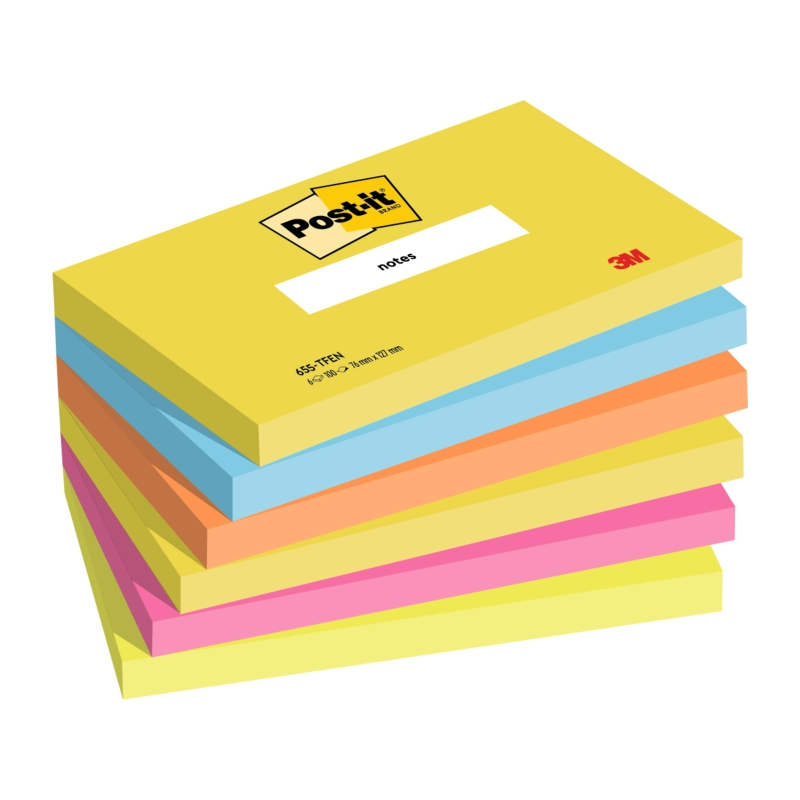 Post-It Pack de 6 Blocs de 100 Notes Repositionnables - Forme Rectangulaire - 76x127mm - Couleurs Assorties