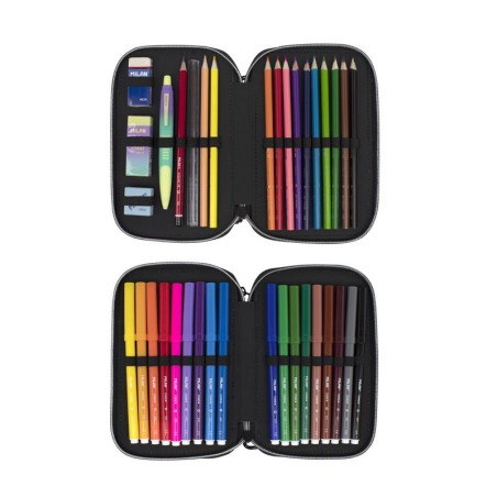 Trousse à 2 niveaux Milan Sunset avec 2 gommes, taille-crayon, crayon, stylo compact, règle, 12 crayons de couleur et 18