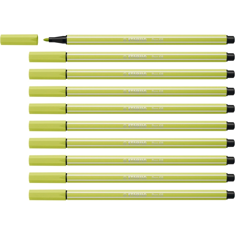 LOT de 10 Feutre à pointe fibre Stabilo Pen 68 - Largeur de trait : env. 1 mm - Encre à base d'eau - Vert citron