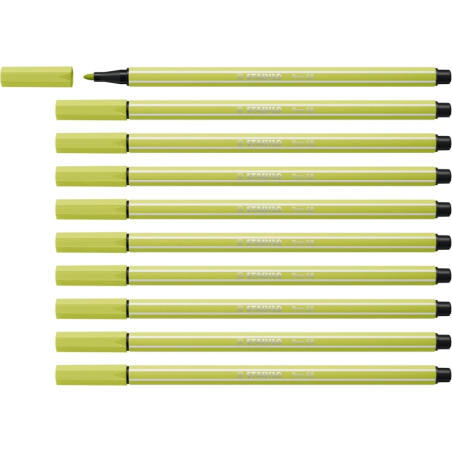 LOT de 10 Feutre à pointe fibre Stabilo Pen 68 - Largeur de trait : env. 1 mm - Encre à base d'eau - Vert citron