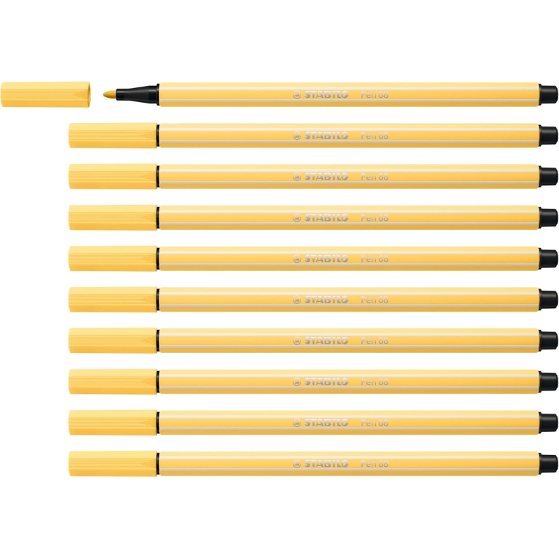LOT de 10 Feutre à pointe fibre Stabilo Pen 68 - Largeur de trait : env. 1 mm - Encre à base d'eau - Jaune clair