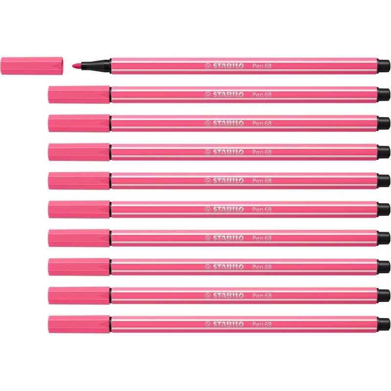 LOT de 10 Feutre à pointe fibre Stabilo Pen 68 - Largeur de trait : env. 1 mm - Encre à base d'eau - Rose clair