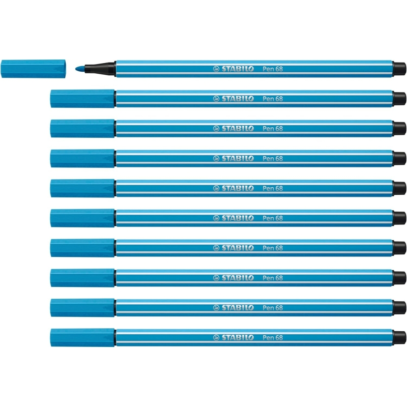 LOT de 10 Feutre à pointe fibre Stabilo Pen 68 - Largeur de trait : env. 1 mm - Encre à base d'eau - Bleu clair