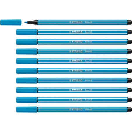 LOT de 10 Feutre à pointe fibre Stabilo Pen 68 - Largeur de trait : env. 1 mm - Encre à base d'eau - Bleu clair