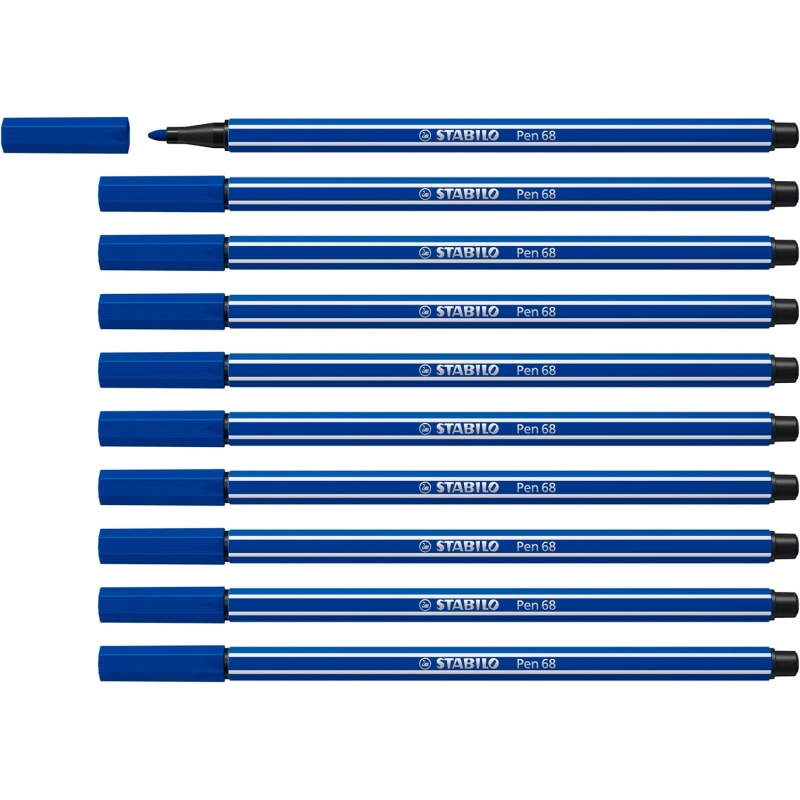 LOT de 10 Feutre à pointe fibre Stabilo Pen 68 - Largeur de trait : env. 1 mm - Encre à base d'eau - Bleu marine