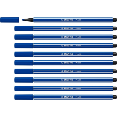 LOT de 10 Feutre à pointe fibre Stabilo Pen 68 - Largeur de trait : env. 1 mm - Encre à base d'eau - Bleu marine