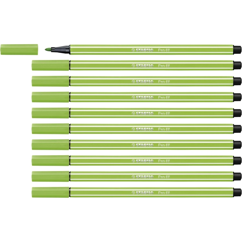 LOT de 10 Feutre à pointe fibre Stabilo Pen 68 - Largeur de trait : env. 1 mm - Encre à base d'eau - Vert clair