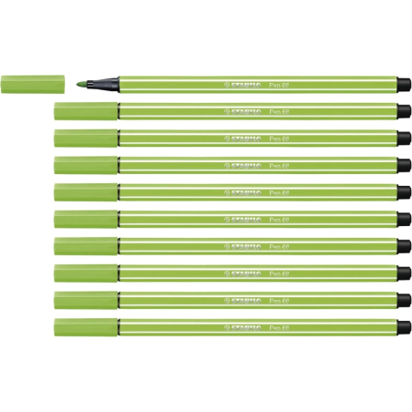 LOT de 10 Feutre à pointe fibre Stabilo Pen 68 - Largeur de trait : env. 1 mm - Encre à base d'eau - Vert clair