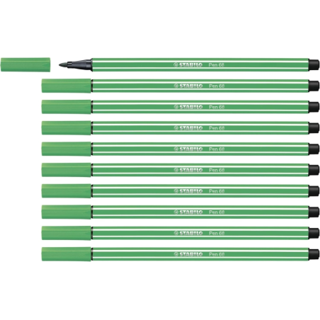 LOT de 10 Feutre à pointe fibre Stabilo Pen 68 - Largeur de trait : env. 1 mm - Encre à base d'eau - Vert