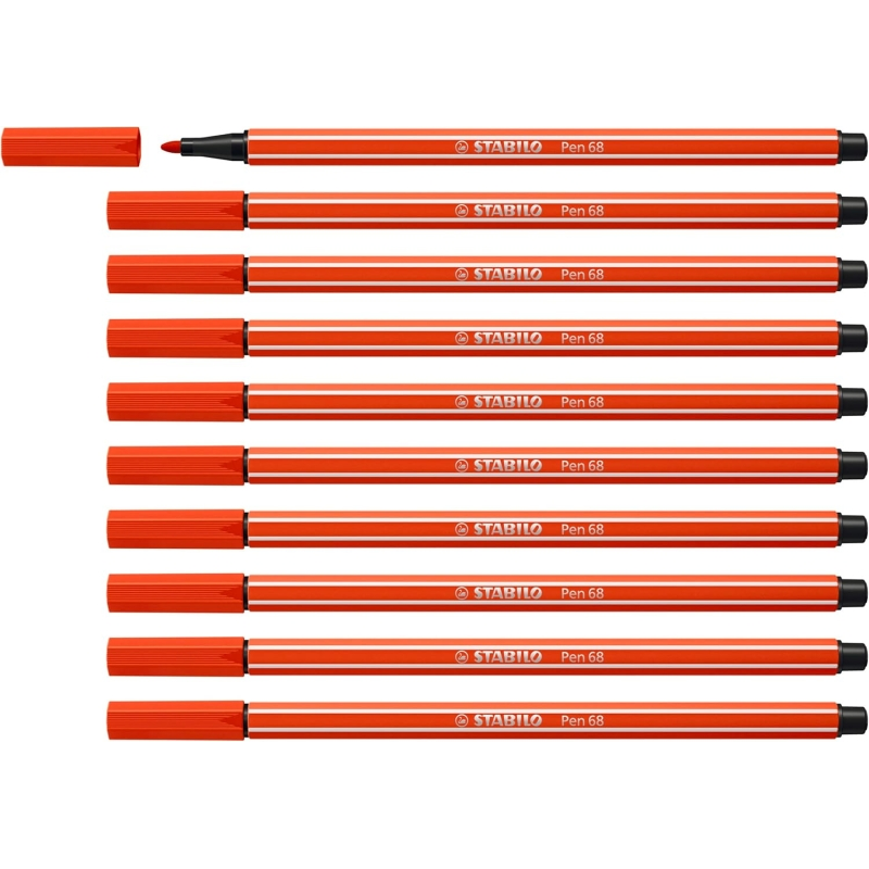 LOT de 10 Feutre à pointe fibre Stabilo Pen 68 - Largeur de trait : env. 1 mm - Encre à base d'eau - Rouge