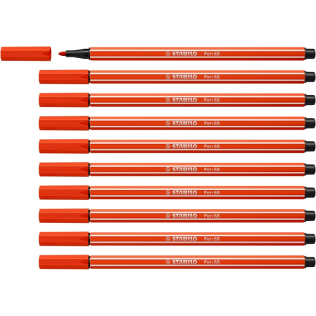 LOT de 10 Feutre à pointe fibre Stabilo Pen 68 - Largeur de trait : env. 1 mm - Encre à base d'eau - Rouge