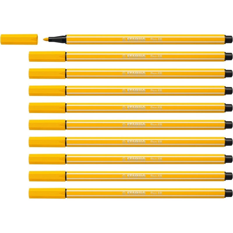 LOT de 10 Feutre à pointe fibre Stabilo Pen 68 - Largeur de trait : env. 1 mm - Encre à base d'eau - Jaune