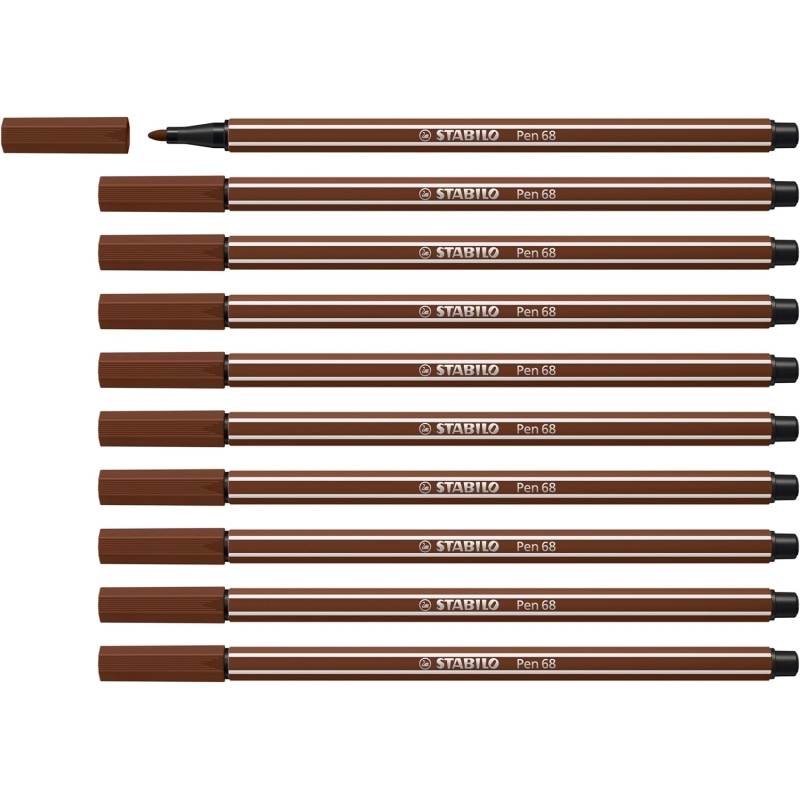 LOT de 10 Feutre à pointe fibre Stabilo Pen 68 - Largeur de trait : env. 1 mm - Encre à base d'eau - Marron