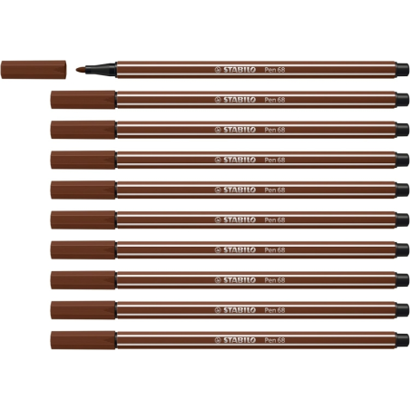 LOT de 10 Feutre à pointe fibre Stabilo Pen 68 - Largeur de trait : env. 1 mm - Encre à base d'eau - Marron