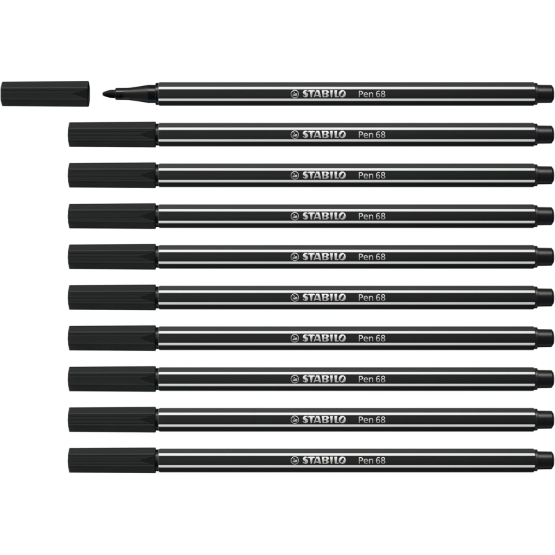 LOT de 10 Feutre à pointe fibre Stabilo Pen 68 - Largeur de trait : env. 1 mm - Encre à base d'eau - Noir