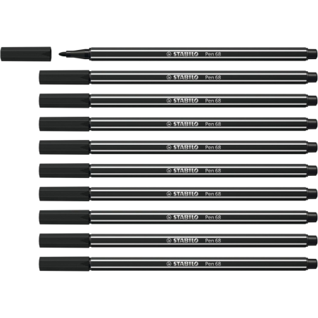 LOT de 10 Feutre à pointe fibre Stabilo Pen 68 - Largeur de trait : env. 1 mm - Encre à base d'eau - Noir