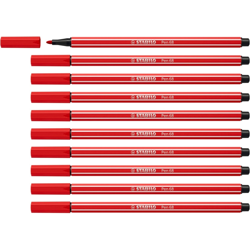 LOT de 10 Feutre à pointe fibre Stabilo Pen 68 - Largeur de trait : env. 1 mm - Encre à base d'eau - Couleur carmin