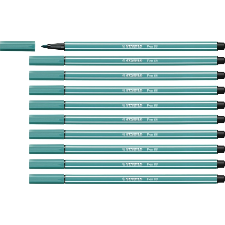 LOT de 10 Feutre à pointe fibre Stabilo Pen 68 - Largeur de trait : env. 1 mm - Encre à base d'eau - Turquoise