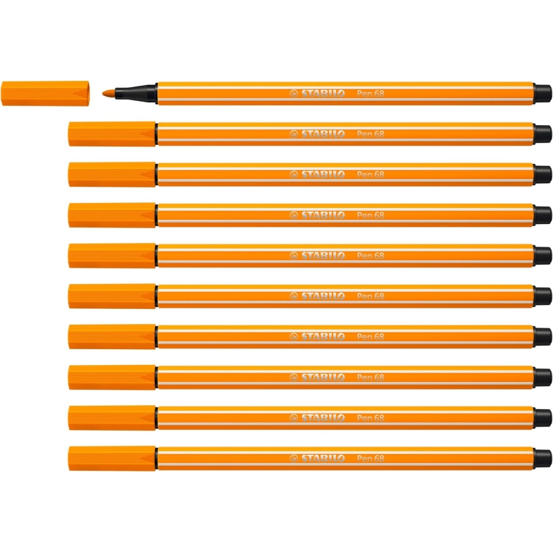 LOT de 10 Feutre à pointe fibre Stabilo Pen 68 - Largeur de trait : env. 1 mm - Encre à base d'eau - Orange