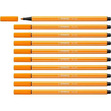 LOT de 10 Feutre à pointe fibre Stabilo Pen 68 - Largeur de trait : env. 1 mm - Encre à base d'eau - Orange