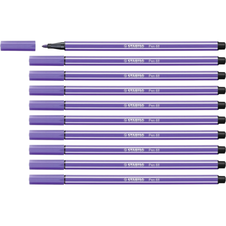 LOT de 10 Feutre à pointe fibre Stabilo Pen 68 - Largeur de trait : env. 1 mm - Encre à base d'eau - Violet