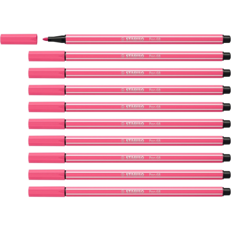 LOT de 10 Feutre à pointe fibre Stabilo Pen 68 - Largeur de trait : env. 1 mm - Encre à base d'eau - Rose