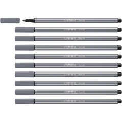 LOT de 10 Feutre à pointe fibre Stabilo Pen 68 - Largeur de trait : env. 1 mm - Encre à base d'eau - Gris foncé