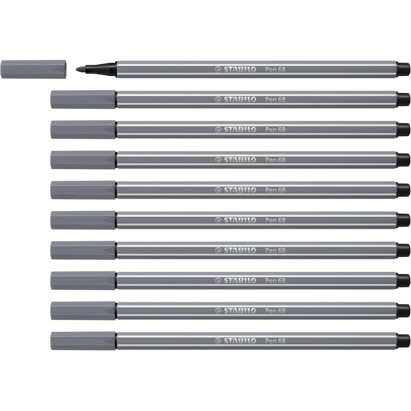 LOT de 10 Feutre à pointe fibre Stabilo Pen 68 - Largeur de trait : env. 1 mm - Encre à base d'eau - Gris foncé