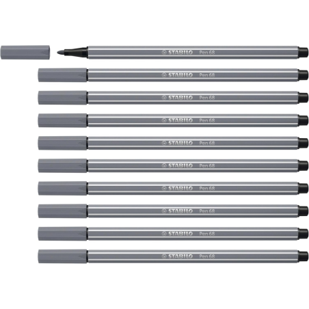 LOT de 10 Feutre à pointe fibre Stabilo Pen 68 - Largeur de trait : env. 1 mm - Encre à base d'eau - Gris foncé