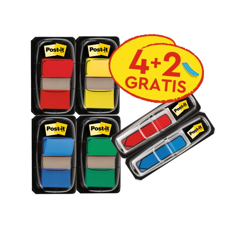 Distributeurs Post-It Index, lot de 6, avec marqueurs d'index repositionnables - Forme rectangulaire - Couleurs assorties