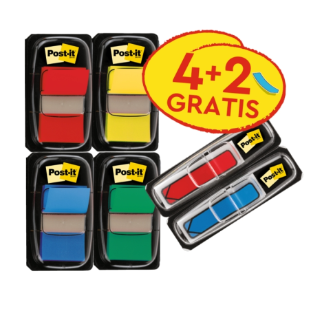 Distributeurs Post-It Index, lot de 6, avec marqueurs d'index repositionnables - Forme rectangulaire - Couleurs assorties