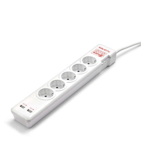 Salicru Multiprise SPS SAFE 5+ Protections Électriques Actives Dernière Génération - 5 Prises Schuko - Couleur Blanc