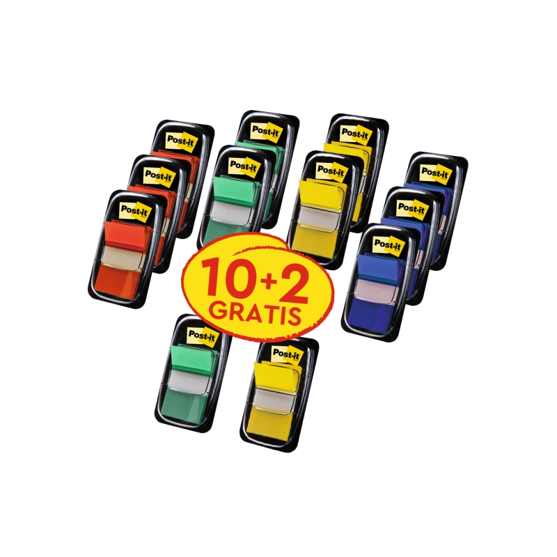 Lot de 12 distributeurs Post-It avec 50 marqueurs d'index repositionnables - Forme rectangulaire - Couleurs assorties