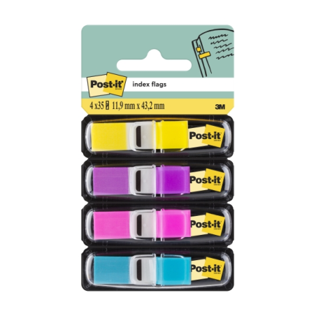 Distributeurs Post-It Index, lot de 4, avec 35 marqueurs index repositionnables - Forme rectangulaire - Couleurs assorties