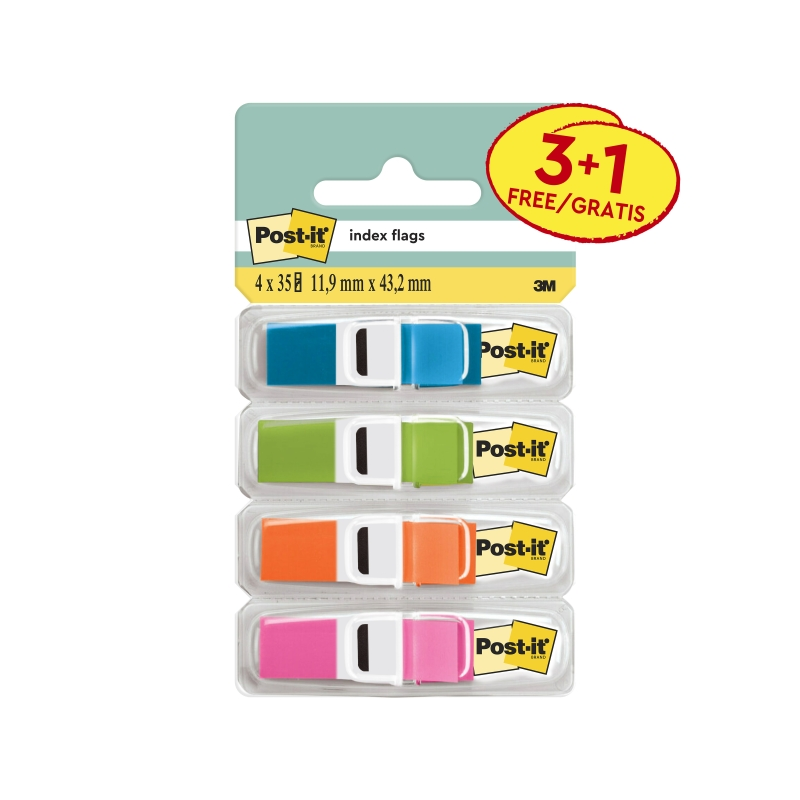 Distributeurs Post-It Index, lot de 4, avec 35 marqueurs index repositionnables - Forme rectangulaire - Couleurs assorties