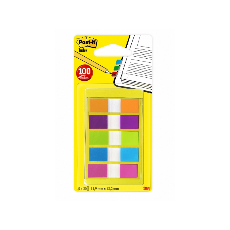 Distributeurs Post-It Index, lot de 5 avec 20 marqueurs repositionnables - 12 paquets par bande - 2 bandes par paquet - Couleurs