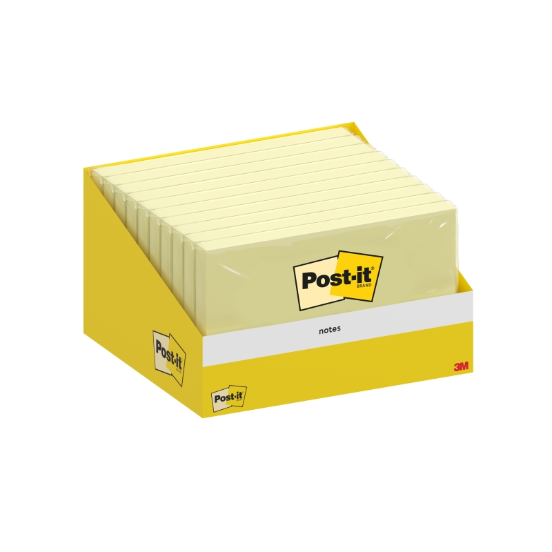 Bloc-notes Post-It de 100 notes autocollantes repositionnables - 76 x 127 mm - Emballage carton - 100 % PEFC - Jaune clair